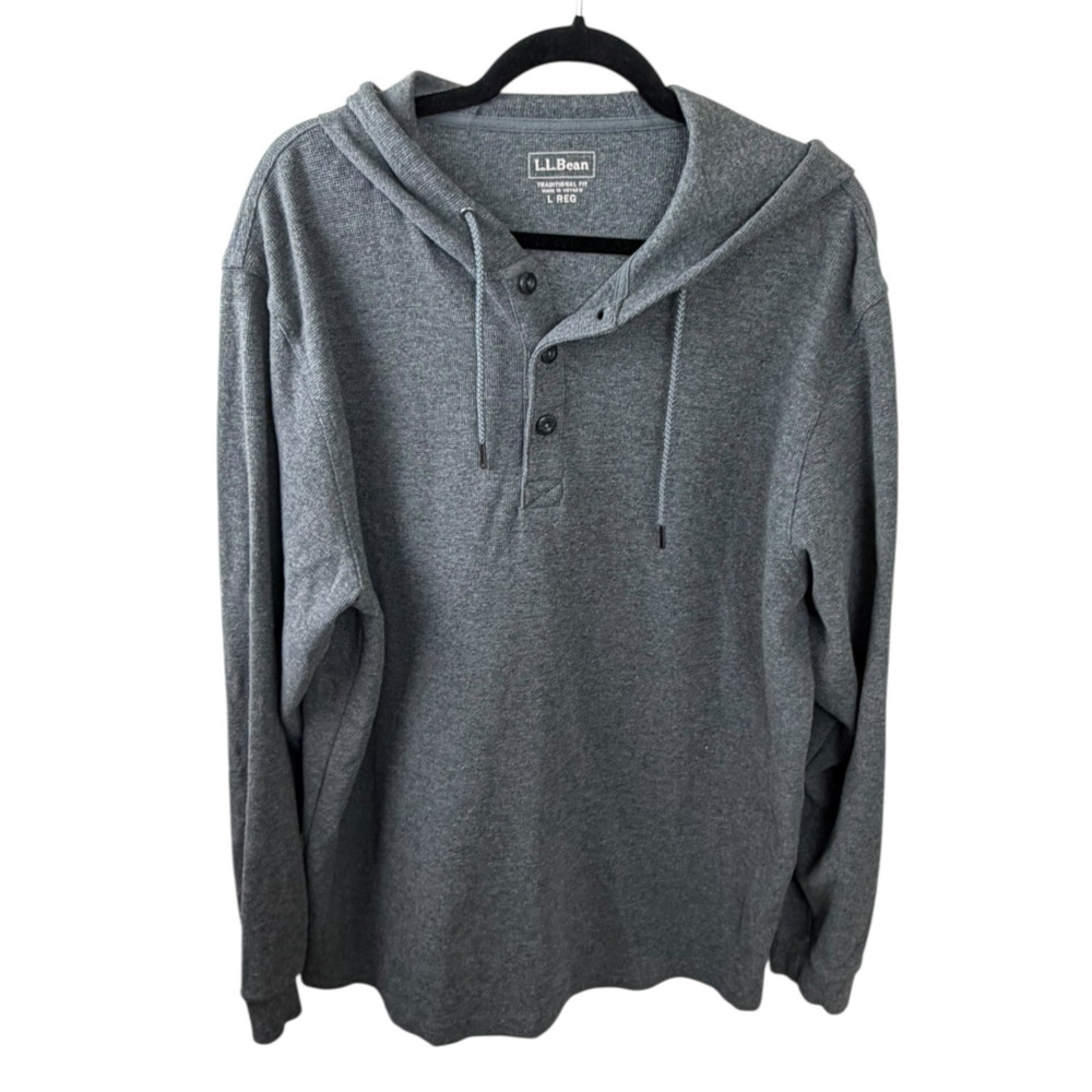 LL Bean Hoodie Mens L Gray Traditional Fit Mini Waffle Henley Outdoors